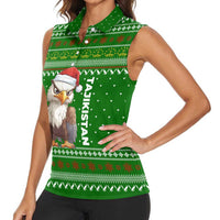 Tajikistan Christmas Women Sleeveless Polo Shirt with Santa Hat Eagle Green Snowflake Pattern and Holiday Design - Wonder Print Shop