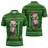 Tajikistan Christmas Zipper Polo Shirt with Santa Hat Eagle Green Snowflake Pattern and Holiday Design - Wonder Print Shop