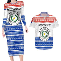 Paraguay Christmas Couples Matching Long Sleeve Bodycon Dress and Hawaiian Shirt with Red-White-Blue Design, National Seal, and Santa Motif - Wonder Print Shop