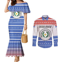 Paraguay Christmas Couples Matching Mermaid Dress and Long Sleeve Button Shirt with Red-White-Blue Design, National Seal, and Santa Motif - Wonder Print Shop