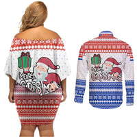 Paraguay Christmas Couples Matching Off Shoulder Short Dress and Long Sleeve Button Shirt with Red-White-Blue Design, National Seal, and Santa Motif - Wonder Print Shop