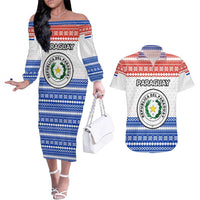 Paraguay Christmas Couples Matching Off The Shoulder Long Sleeve Dress and Hawaiian Shirt with Red-White-Blue Design, National Seal, and Santa Motif - Wonder Print Shop