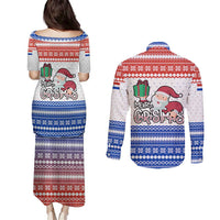 Paraguay Christmas Couples Matching Puletasi and Long Sleeve Button Shirt with Red-White-Blue Design, National Seal, and Santa Motif - Wonder Print Shop