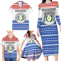 Paraguay Christmas Family Matching Long Sleeve Bodycon Dress and Hawaiian Shirt with Red-White-Blue Design, National Seal, and Santa Motif - Wonder Print Shop