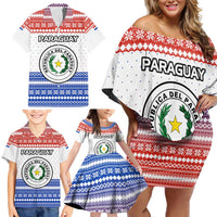 Paraguay Christmas Family Matching Off Shoulder Short Dress and Hawaiian Shirt with Red-White-Blue Design, National Seal, and Santa Motif - Wonder Print Shop