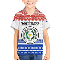 Paraguay Christmas Family Matching Off Shoulder Short Dress and Hawaiian Shirt with Red-White-Blue Design, National Seal, and Santa Motif - Wonder Print Shop