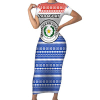 Paraguay Christmas Family Matching Short Sleeve Bodycon Dress and Hawaiian Shirt with Red-White-Blue Design, National Seal, and Santa Motif - Wonder Print Shop