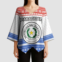 Paraguay Christmas Kimono Sleeve Blouse with Red-White-Blue Design, National Seal, and Santa Motif - Wonder Print Shop