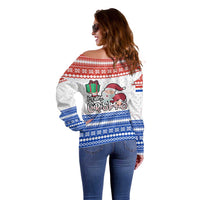 Paraguay Christmas Off Shoulder Sweater with Red-White-Blue Design, National Seal, and Santa Motif - Wonder Print Shop