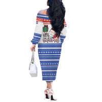 Paraguay Christmas Off The Shoulder Long Sleeve Dress with Red-White-Blue Design, National Seal, and Santa Motif - Wonder Print Shop