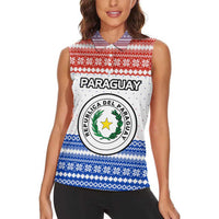 Paraguay Christmas Women Sleeveless Polo Shirt with Red-White-Blue Design, National Seal, and Santa Motif - Wonder Print Shop
