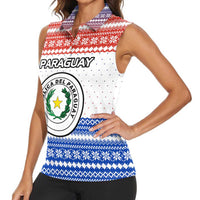 Paraguay Christmas Women Sleeveless Polo Shirt with Red-White-Blue Design, National Seal, and Santa Motif - Wonder Print Shop