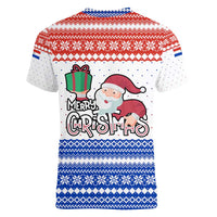 Paraguay Christmas Women V-Neck T-Shirt with Red-White-Blue Design, National Seal, and Santa Motif - Wonder Print Shop