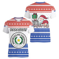 Paraguay Christmas Women V-Neck T-Shirt with Red-White-Blue Design, National Seal, and Santa Motif - Wonder Print Shop