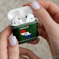 Paraguay Christmas AirPods Case with Green Festive Pattern, Map and Flag Motif, and Santa Illustration - Wonder Print Shop