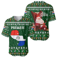 Paraguay Christmas Baseball Jersey with Green Festive Pattern, Map and Flag Motif, and Santa Illustration - Wonder Print Shop