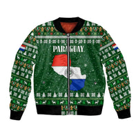 Paraguay Christmas Bomber Jacket with Green Festive Pattern, Map and Flag Motif, and Santa Illustration - Wonder Print Shop