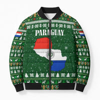 Paraguay Christmas Bomber Puffer Jacket with Green Festive Pattern, Map and Flag Motif, and Santa Illustration - Wonder Print Shop