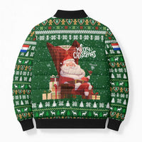 Paraguay Christmas Bomber Puffer Jacket with Green Festive Pattern, Map and Flag Motif, and Santa Illustration - Wonder Print Shop