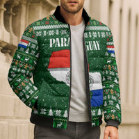 Paraguay Christmas Bomber Puffer Jacket with Green Festive Pattern, Map and Flag Motif, and Santa Illustration - Wonder Print Shop