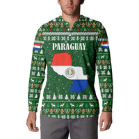 Paraguay Christmas Button Sweatshirt with Green Festive Pattern, Map and Flag Motif, and Santa Illustration - Wonder Print Shop