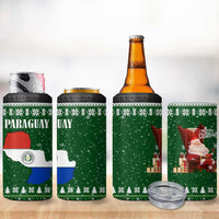 Paraguay Christmas 4 in 1 Can Cooler Tumbler with Green Festive Pattern, Map and Flag Motif, and Santa Illustration - Wonder Print Shop