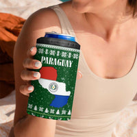 Paraguay Christmas 4 in 1 Can Cooler Tumbler with Green Festive Pattern, Map and Flag Motif, and Santa Illustration - Wonder Print Shop