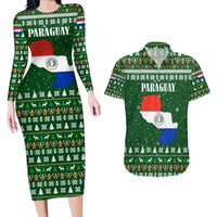 Paraguay Christmas Couples Matching Long Sleeve Bodycon Dress and Hawaiian Shirt with Green Festive Pattern, Map and Flag Motif, and Santa Illustration - Wonder Print Shop