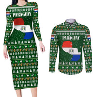Paraguay Christmas Couples Matching Long Sleeve Bodycon Dress and Long Sleeve Button Shirt with Green Festive Pattern, Map and Flag Motif, and Santa Illustration - Wonder Print Shop