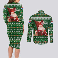 Paraguay Christmas Couples Matching Long Sleeve Bodycon Dress and Long Sleeve Button Shirt with Green Festive Pattern, Map and Flag Motif, and Santa Illustration - Wonder Print Shop
