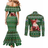 Paraguay Christmas Couples Matching Mermaid Dress and Long Sleeve Button Shirt with Green Festive Pattern, Map and Flag Motif, and Santa Illustration - Wonder Print Shop