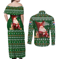Paraguay Christmas Couples Matching Off Shoulder Maxi Dress and Long Sleeve Button Shirt with Green Festive Pattern, Map and Flag Motif, and Santa Illustration - Wonder Print Shop