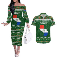 Paraguay Christmas Couples Matching Off The Shoulder Long Sleeve Dress and Hawaiian Shirt with Green Festive Pattern, Map and Flag Motif, and Santa Illustration - Wonder Print Shop
