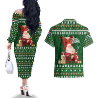 Paraguay Christmas Couples Matching Off The Shoulder Long Sleeve Dress and Hawaiian Shirt with Green Festive Pattern, Map and Flag Motif, and Santa Illustration - Wonder Print Shop