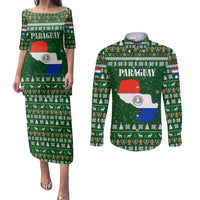 Paraguay Christmas Couples Matching Puletasi and Long Sleeve Button Shirt with Green Festive Pattern, Map and Flag Motif, and Santa Illustration - Wonder Print Shop