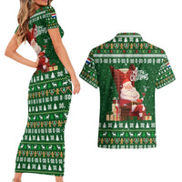 Paraguay Christmas Couples Matching Short Sleeve Bodycon Dress and Hawaiian Shirt with Green Festive Pattern, Map and Flag Motif, and Santa Illustration - Wonder Print Shop