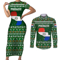 Paraguay Christmas Couples Matching Short Sleeve Bodycon Dress and Long Sleeve Button Shirt with Green Festive Pattern, Map and Flag Motif, and Santa Illustration - Wonder Print Shop