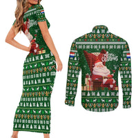 Paraguay Christmas Couples Matching Short Sleeve Bodycon Dress and Long Sleeve Button Shirt with Green Festive Pattern, Map and Flag Motif, and Santa Illustration - Wonder Print Shop