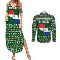 Paraguay Christmas Couples Matching Summer Maxi Dress and Long Sleeve Button Shirt with Green Festive Pattern, Map and Flag Motif, and Santa Illustration - Wonder Print Shop