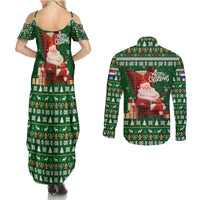 Paraguay Christmas Couples Matching Summer Maxi Dress and Long Sleeve Button Shirt with Green Festive Pattern, Map and Flag Motif, and Santa Illustration - Wonder Print Shop