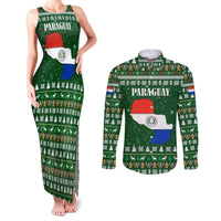 Paraguay Christmas Couples Matching Tank Maxi Dress and Long Sleeve Button Shirt with Green Festive Pattern, Map and Flag Motif, and Santa Illustration - Wonder Print Shop