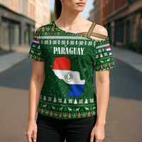 Paraguay Christmas Cross Shoulder Shirt with Green Festive Pattern, Map and Flag Motif, and Santa Illustration - Wonder Print Shop