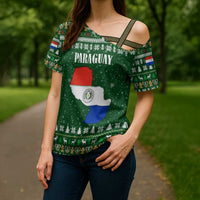 Paraguay Christmas Cross Shoulder Shirt with Green Festive Pattern, Map and Flag Motif, and Santa Illustration - Wonder Print Shop