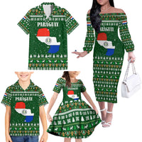 Paraguay Christmas Family Matching Off The Shoulder Long Sleeve Dress and Hawaiian Shirt with Green Festive Pattern, Map and Flag Motif, and Santa Illustration - Wonder Print Shop