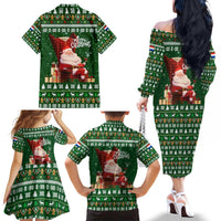 Paraguay Christmas Family Matching Off The Shoulder Long Sleeve Dress and Hawaiian Shirt with Green Festive Pattern, Map and Flag Motif, and Santa Illustration - Wonder Print Shop