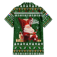 Paraguay Christmas Family Matching Off The Shoulder Long Sleeve Dress and Hawaiian Shirt with Green Festive Pattern, Map and Flag Motif, and Santa Illustration - Wonder Print Shop