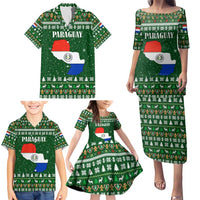 Paraguay Christmas Family Matching Puletasi and Hawaiian Shirt with Green Festive Pattern, Map and Flag Motif, and Santa Illustration - Wonder Print Shop