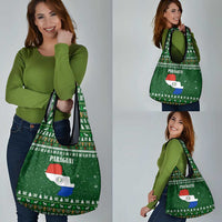Paraguay Christmas Grocery Bag with Green Festive Pattern, Map and Flag Motif, and Santa Illustration - Wonder Print Shop