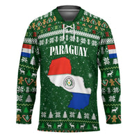 Paraguay Christmas Hockey Jersey with Green Festive Pattern, Map and Flag Motif, and Santa Illustration - Wonder Print Shop