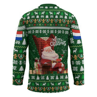 Paraguay Christmas Hockey Jersey with Green Festive Pattern, Map and Flag Motif, and Santa Illustration - Wonder Print Shop
